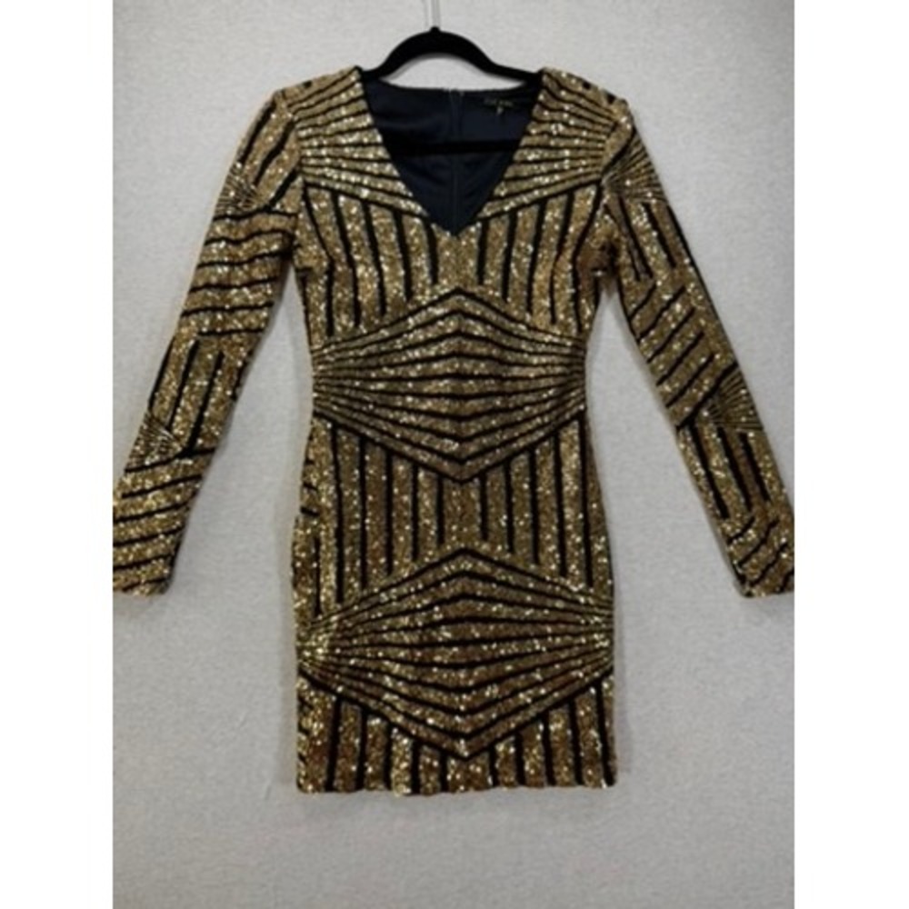 Depri Sequin Mini‎ Dress Womens Small Gold Black Excellent Art Deco Bodycon